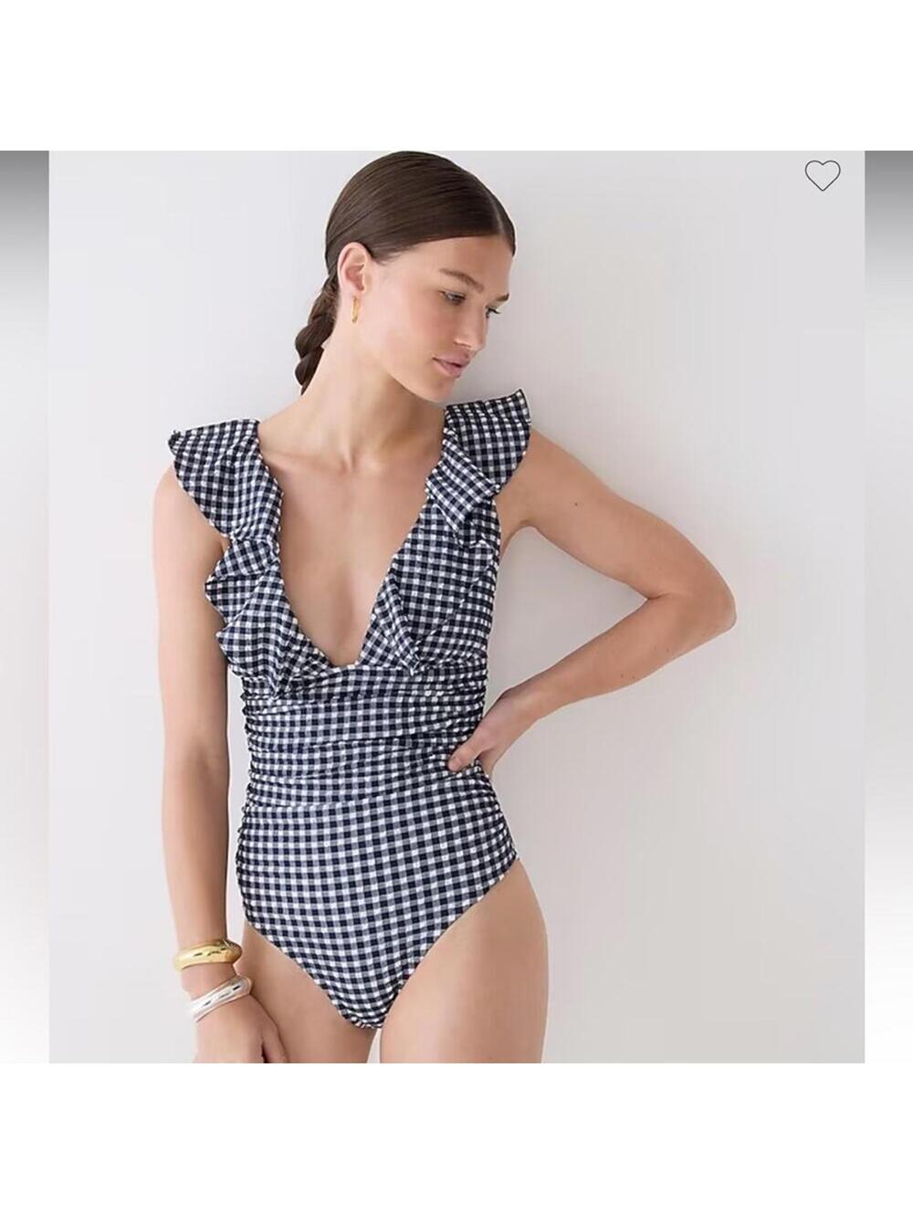 🆕 J. Crew Gingham Ruffle One Piece Navy 18 Deep V Sexy Fan Fav Sold Out NEW NWT